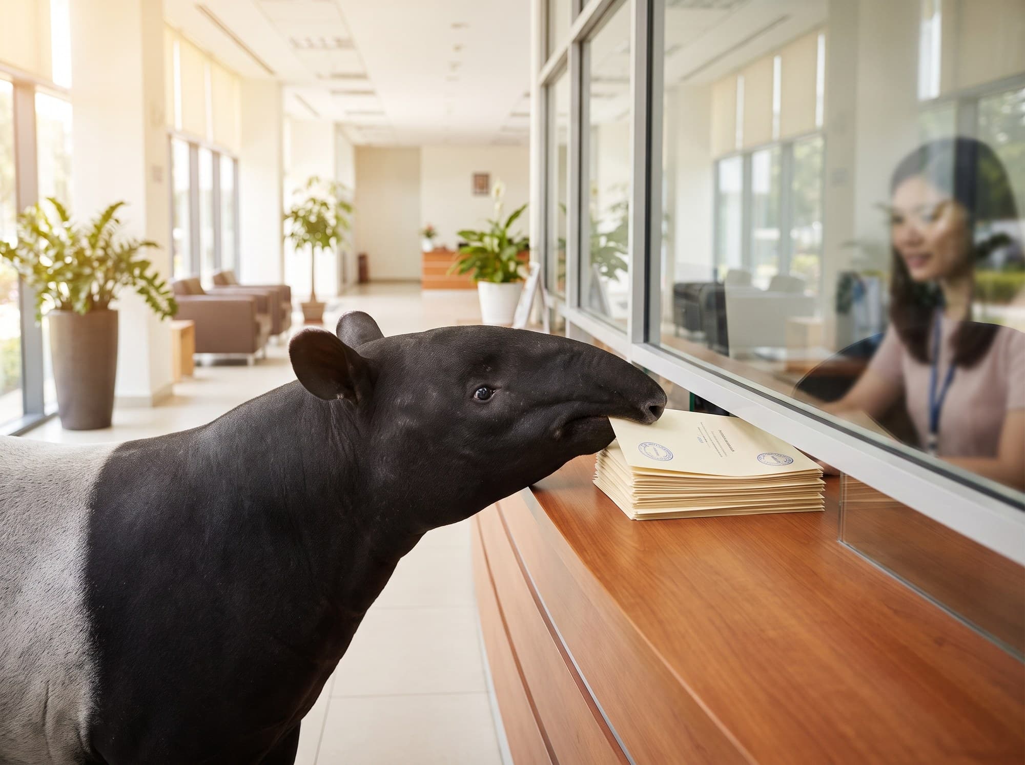 A Malayan tapir at an office counter