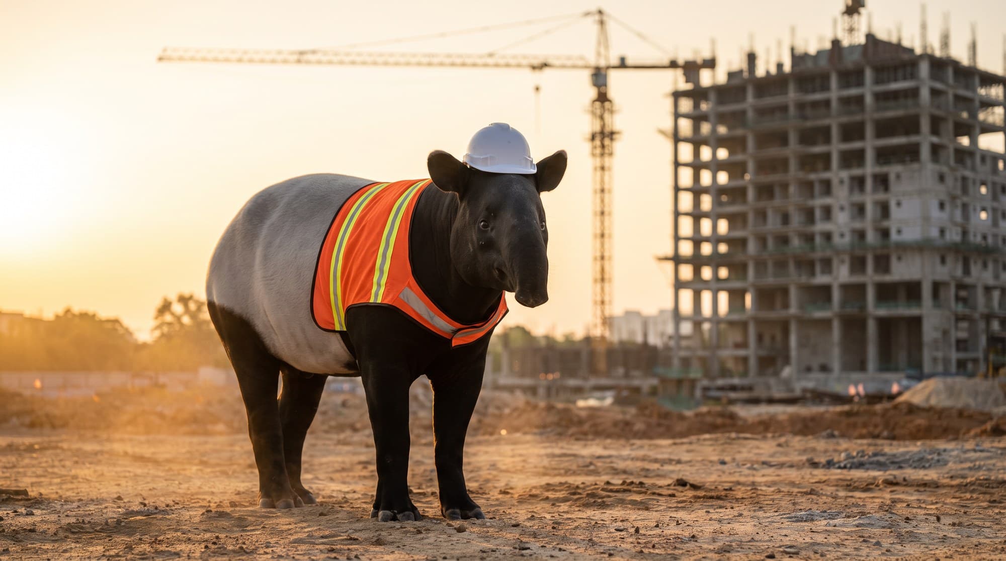 A Malayan tapir in a hi-vis vest and hard hat on a construction site